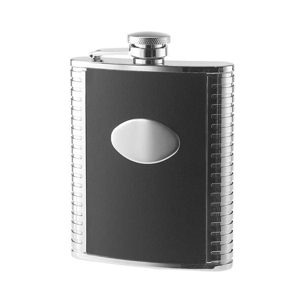 6 oz black leather bonded flask | Oval convex ribbed sides stainless steel flask | Stylish black leather flask | Engraved black leather stainless steel flask | Corporate gift flask with black leather wrap