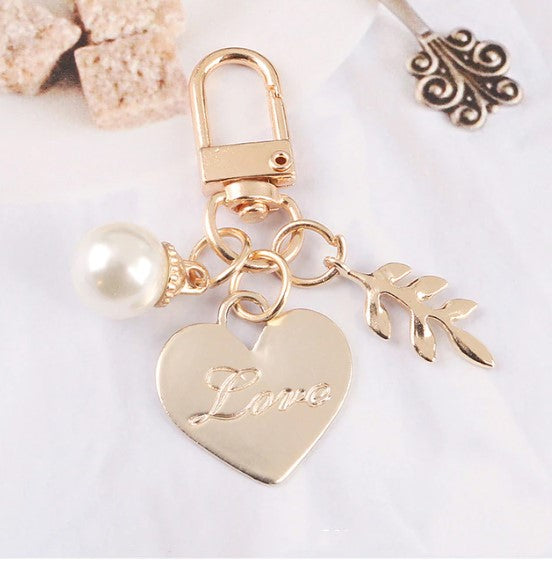 Gold Heart Love key chain with Pearl